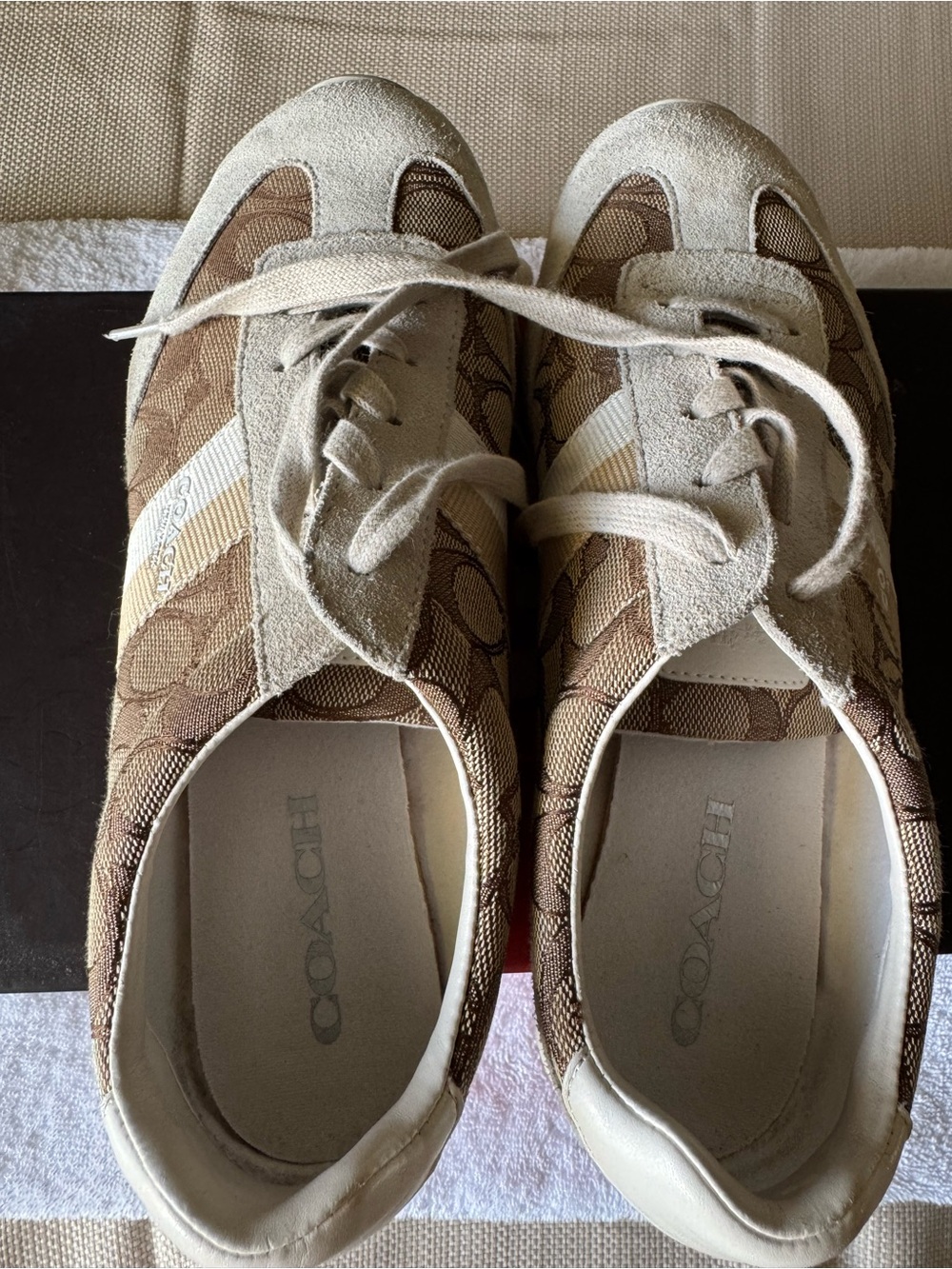 Coach Beige and Brown Signature Logo Lace-Up Sneakers